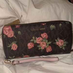 Michael Kors Brown Floral Zip-Around Wristlet Wallet with Pink Roses